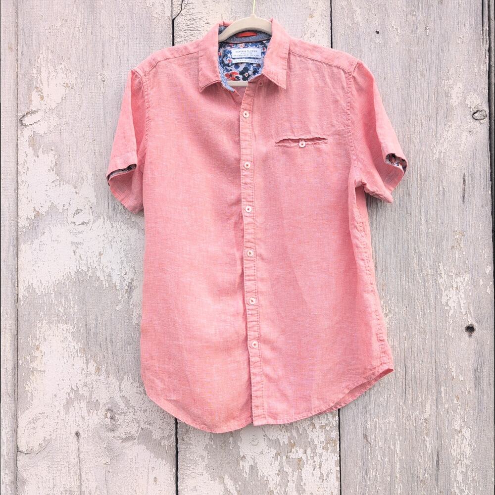 Denim & Flower Ricky Singh 100% Linen Coastal Coral Short Sleeve Men's Medium
